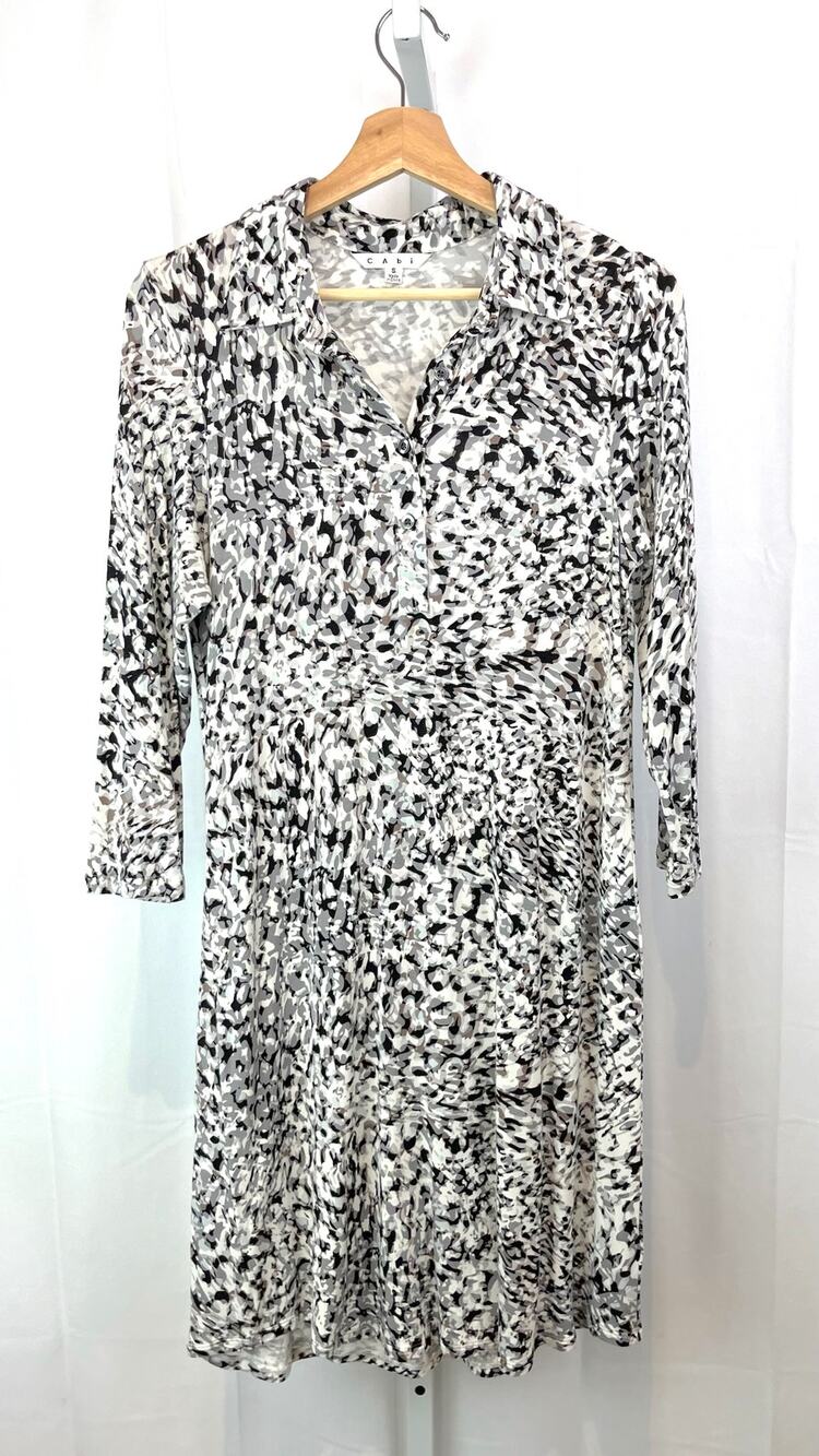 CABI Style 822 S Animal Print Jersey Shirt Dress Collar Henley Button Gray White